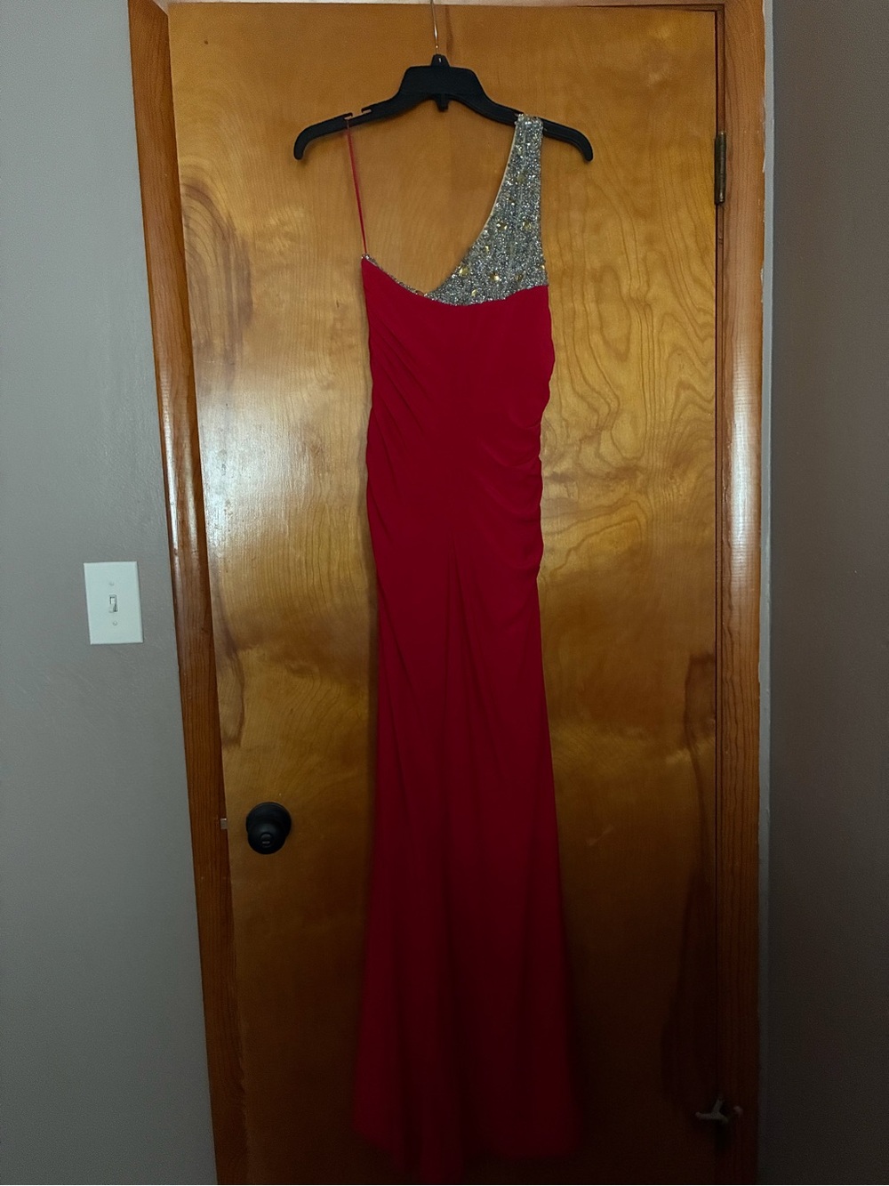 Red One-Shoulder Evening Dress with Silver Beaded Accents